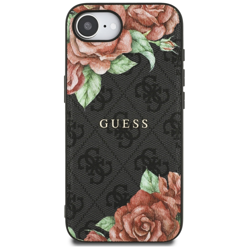 Guess MagSafe dėklas iPhone 16e – juodas, gėlės