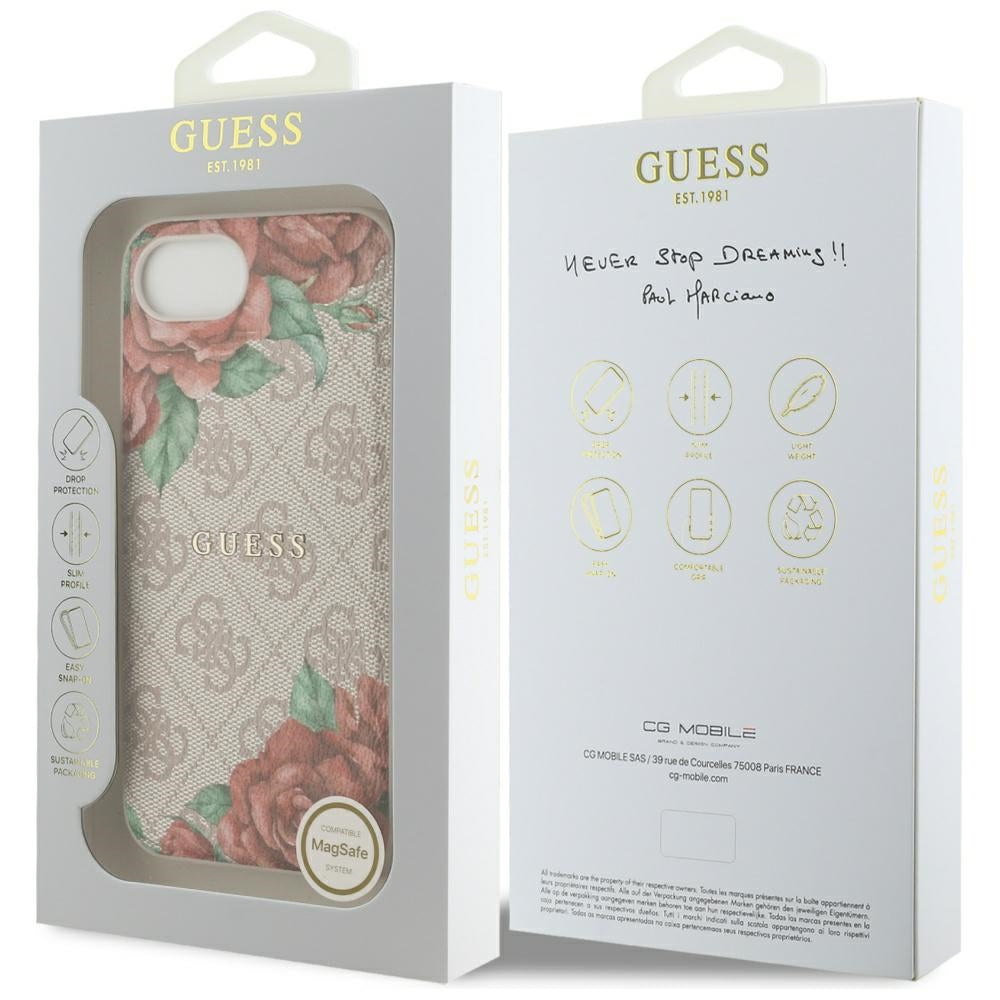 Guess 4G Flowers Print MagSafe dėklas iPhone 16e – rožinis