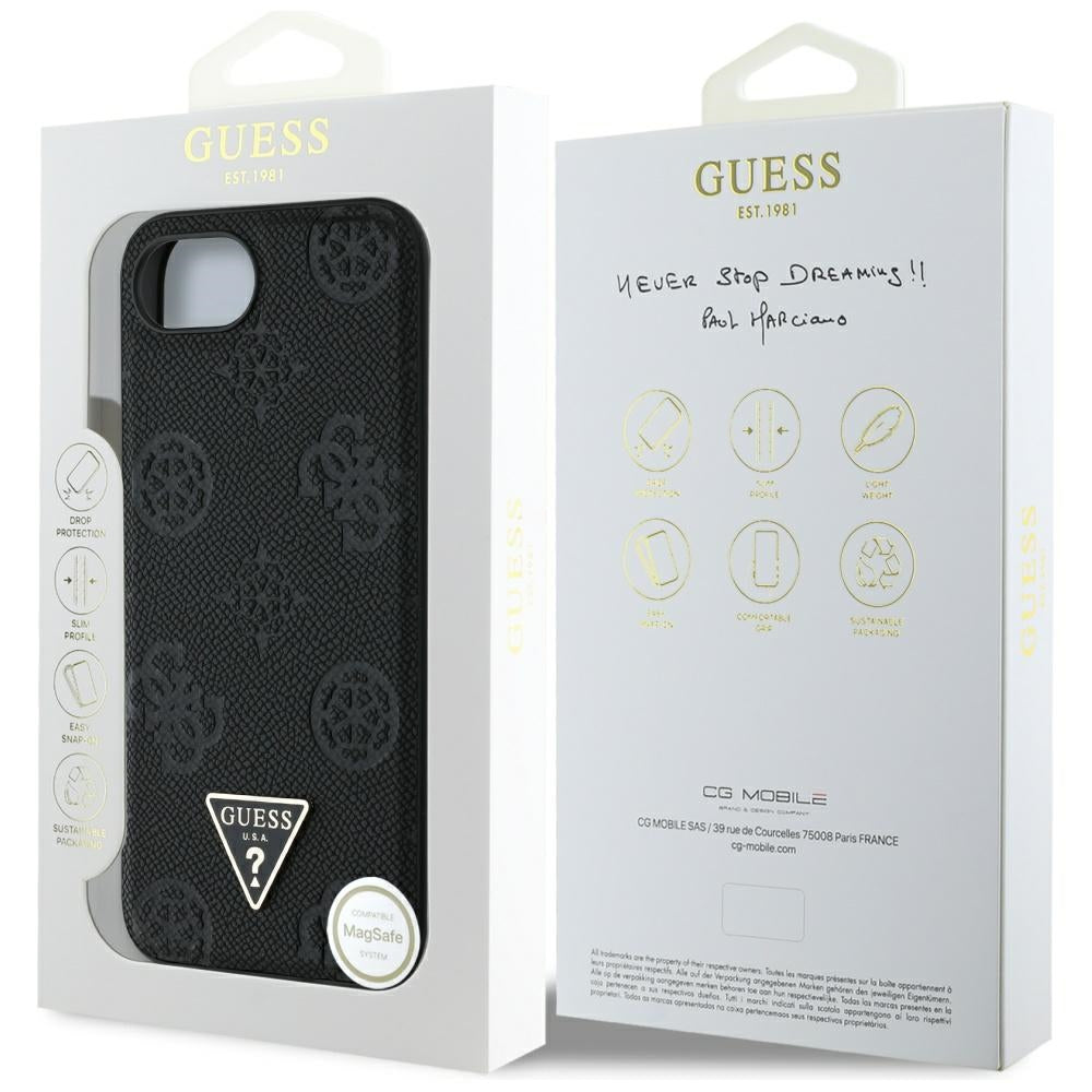 Guess MagSafe dėklas iPhone 16e – juodas (eko oda)