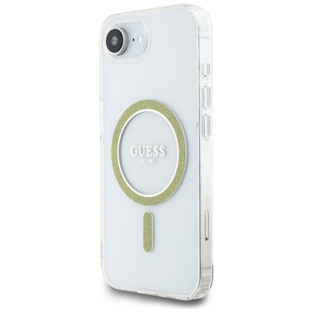 Guess MagSafe dėklas iPhone 16e – skaidrus, blizgus