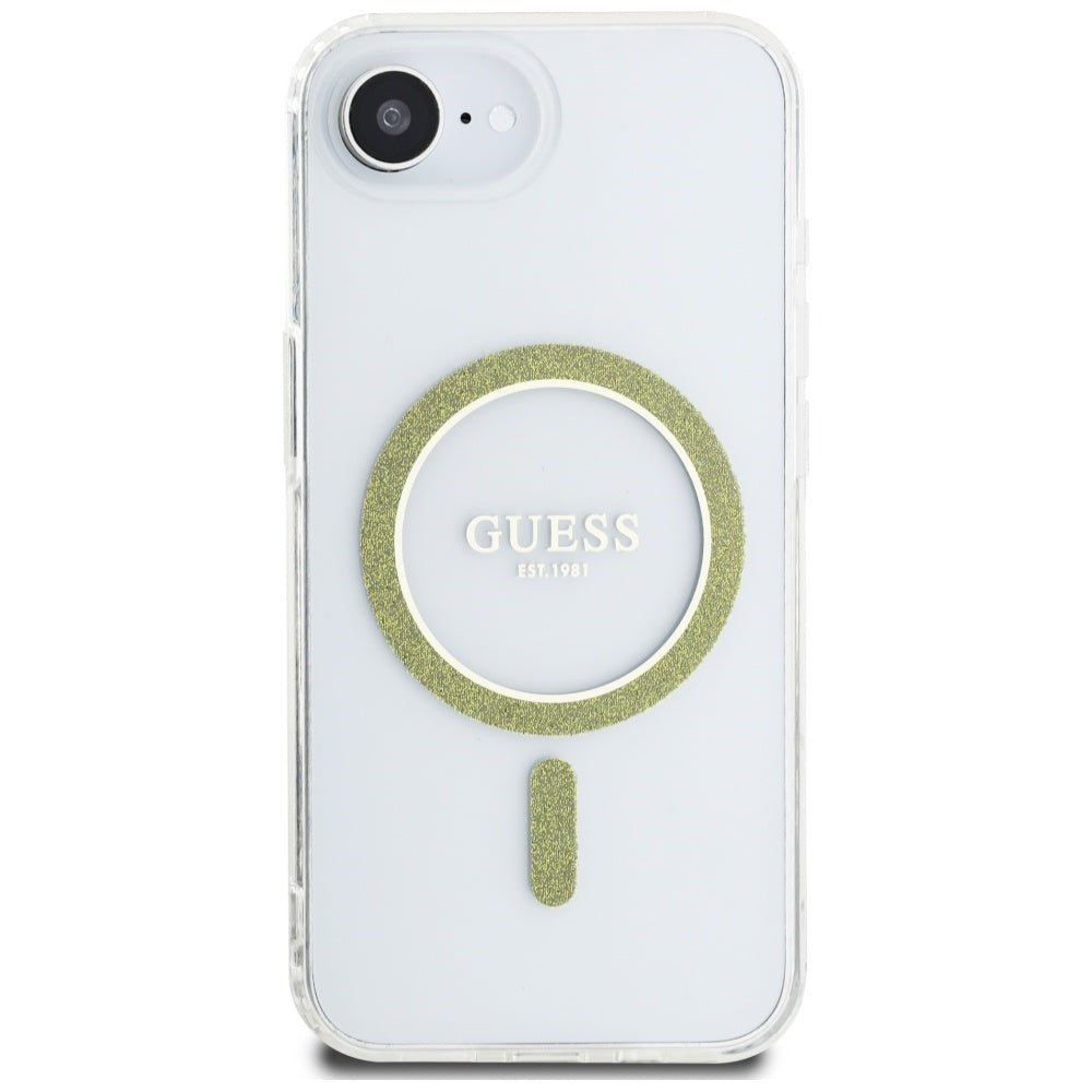 Guess MagSafe dėklas iPhone 16e – skaidrus, blizgus