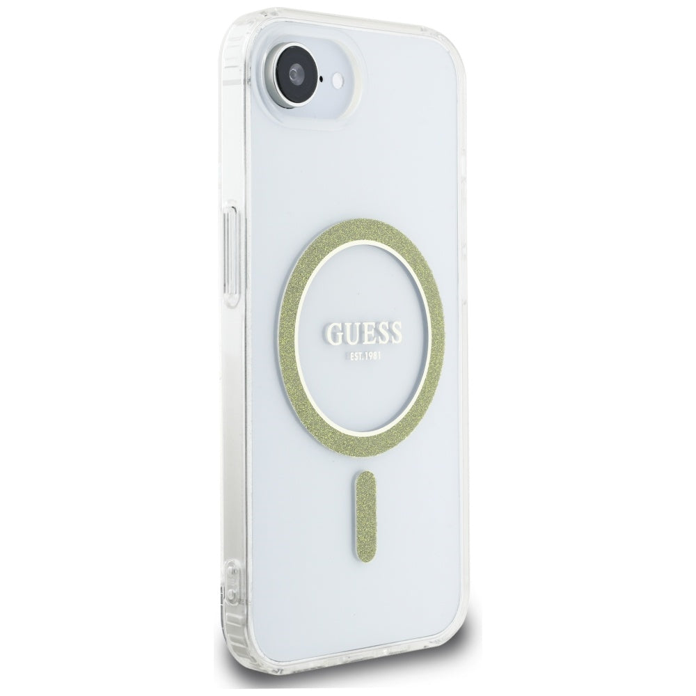 Guess MagSafe dėklas iPhone 16e – skaidrus, blizgus
