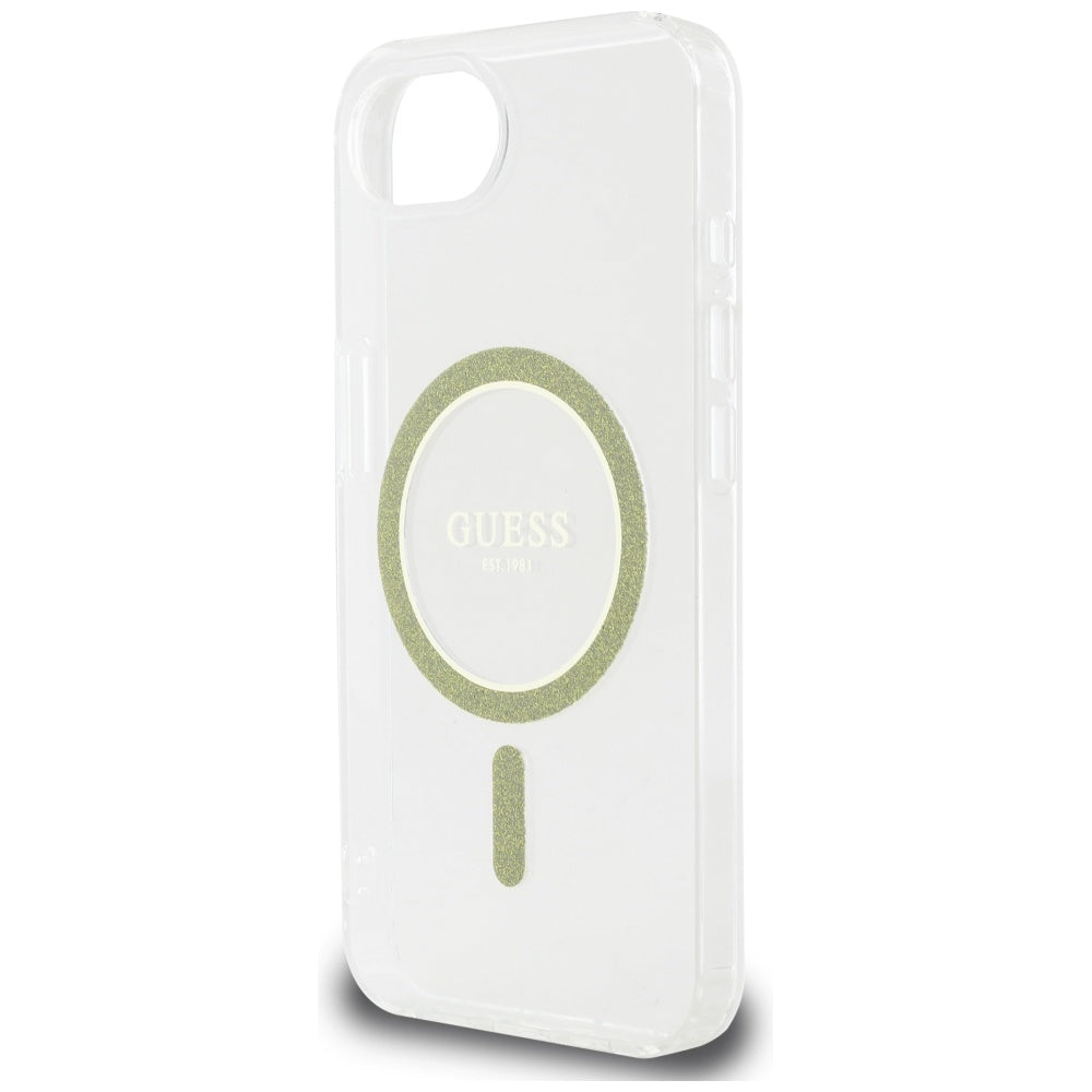 Guess MagSafe dėklas iPhone 16e – skaidrus, blizgus
