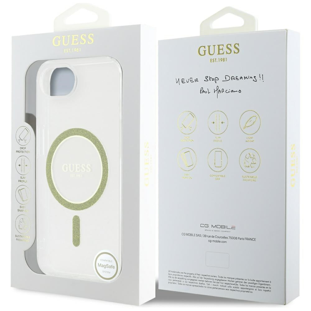 Guess MagSafe dėklas iPhone 16e – skaidrus, blizgus