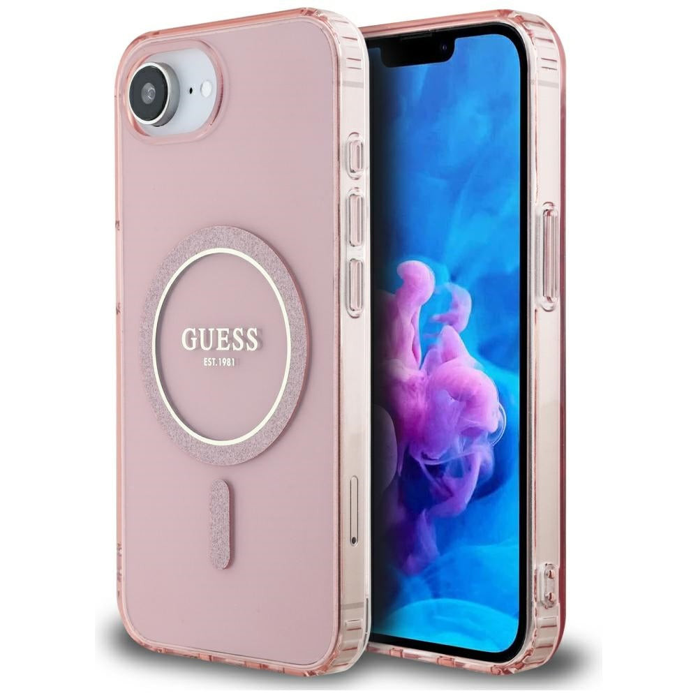 Guess MagSafe dėklas iPhone 16e – rožinis, blizgus žiedas