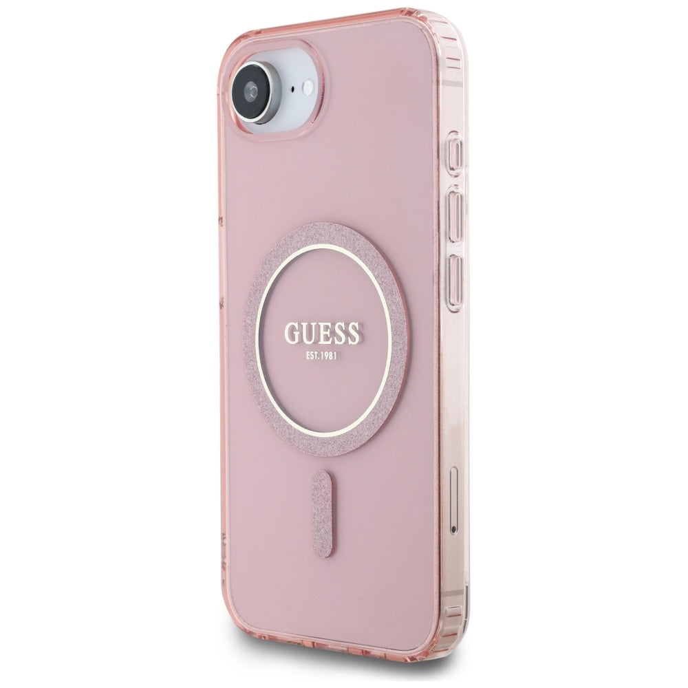 Guess MagSafe dėklas iPhone 16e – rožinis, blizgus žiedas