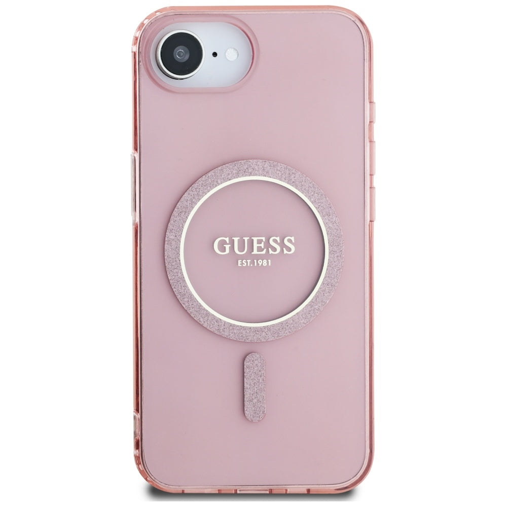 Guess MagSafe dėklas iPhone 16e – rožinis, blizgus žiedas