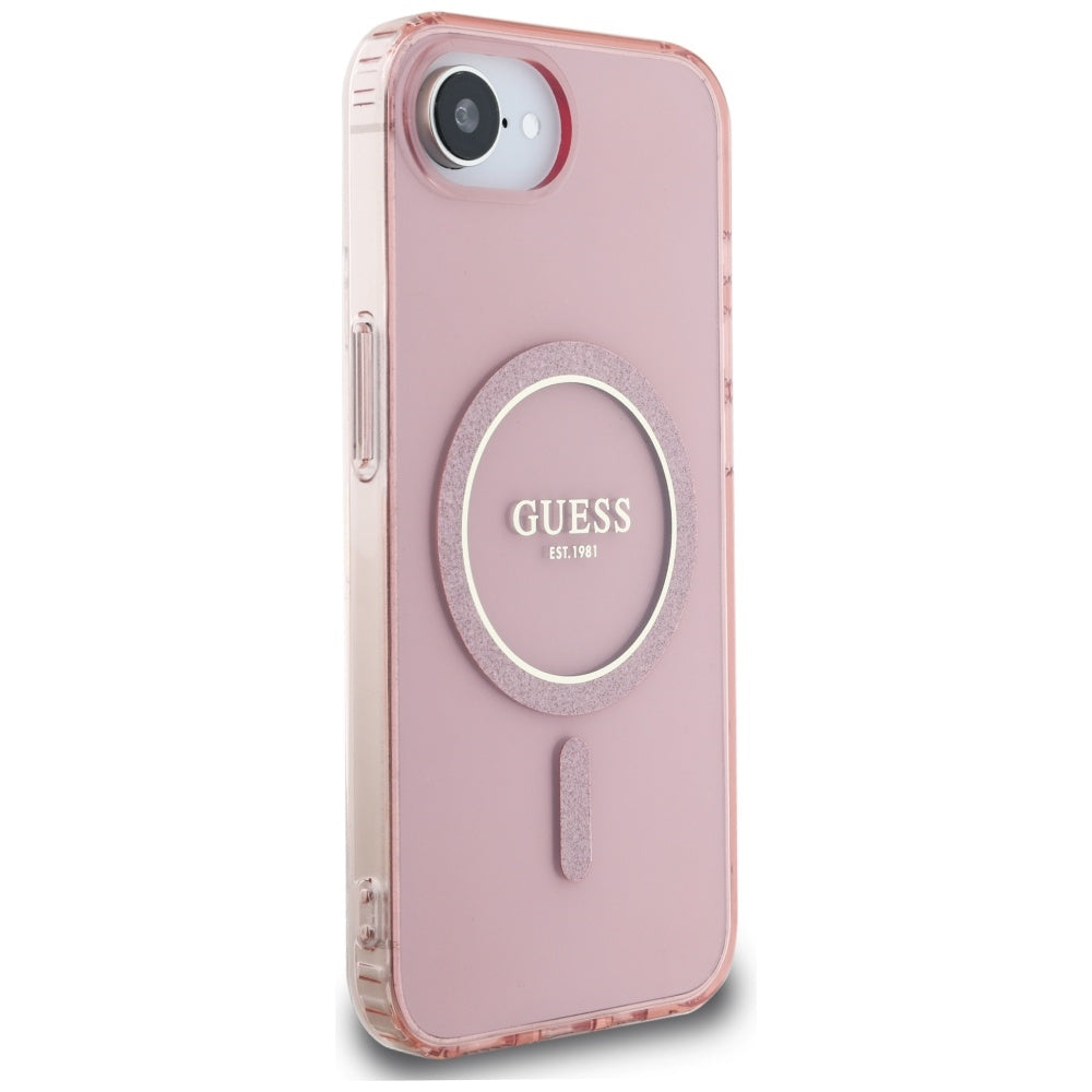Guess MagSafe dėklas iPhone 16e – rožinis, blizgus žiedas
