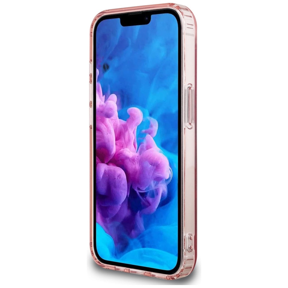 Guess MagSafe dėklas iPhone 16e – rožinis, blizgus žiedas