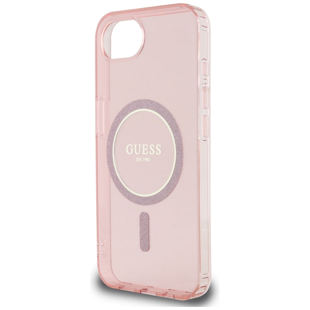 Guess MagSafe dėklas iPhone 16e – rožinis, blizgus žiedas