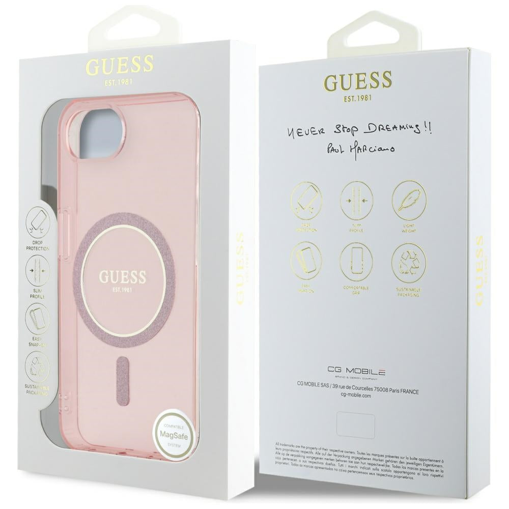 Guess MagSafe dėklas iPhone 16e – rožinis, blizgus žiedas