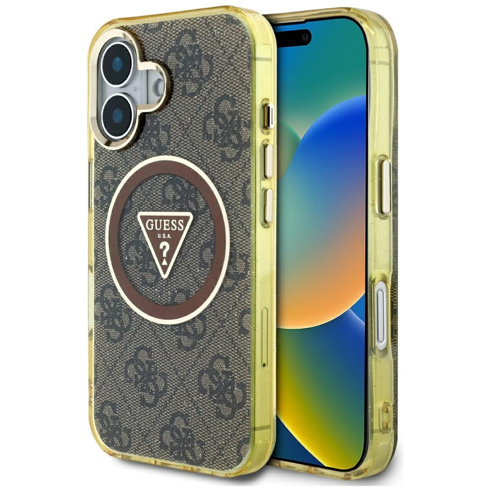 Guess blizgus MagSafe dėklas iPhone 16 – rudas