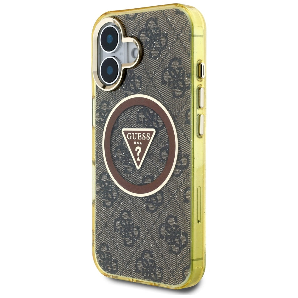 Guess blizgus MagSafe dėklas iPhone 16 – rudas