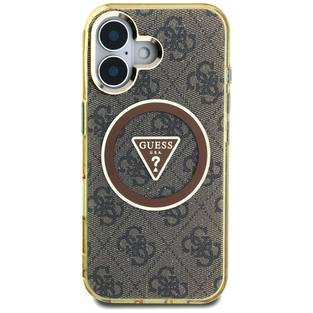 Guess blizgus MagSafe dėklas iPhone 16 – rudas
