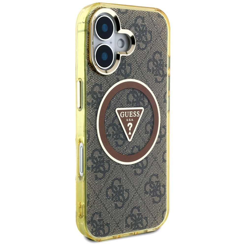 Guess blizgus MagSafe dėklas iPhone 16 – rudas