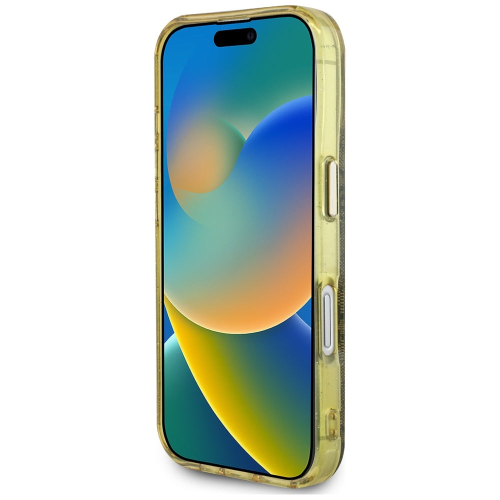 Guess blizgus MagSafe dėklas iPhone 16 – rudas