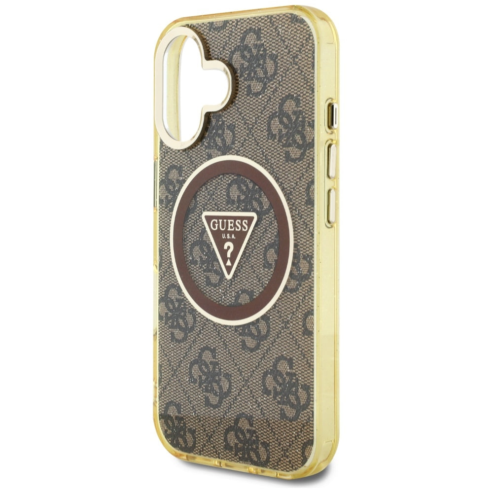 Guess blizgus MagSafe dėklas iPhone 16 – rudas