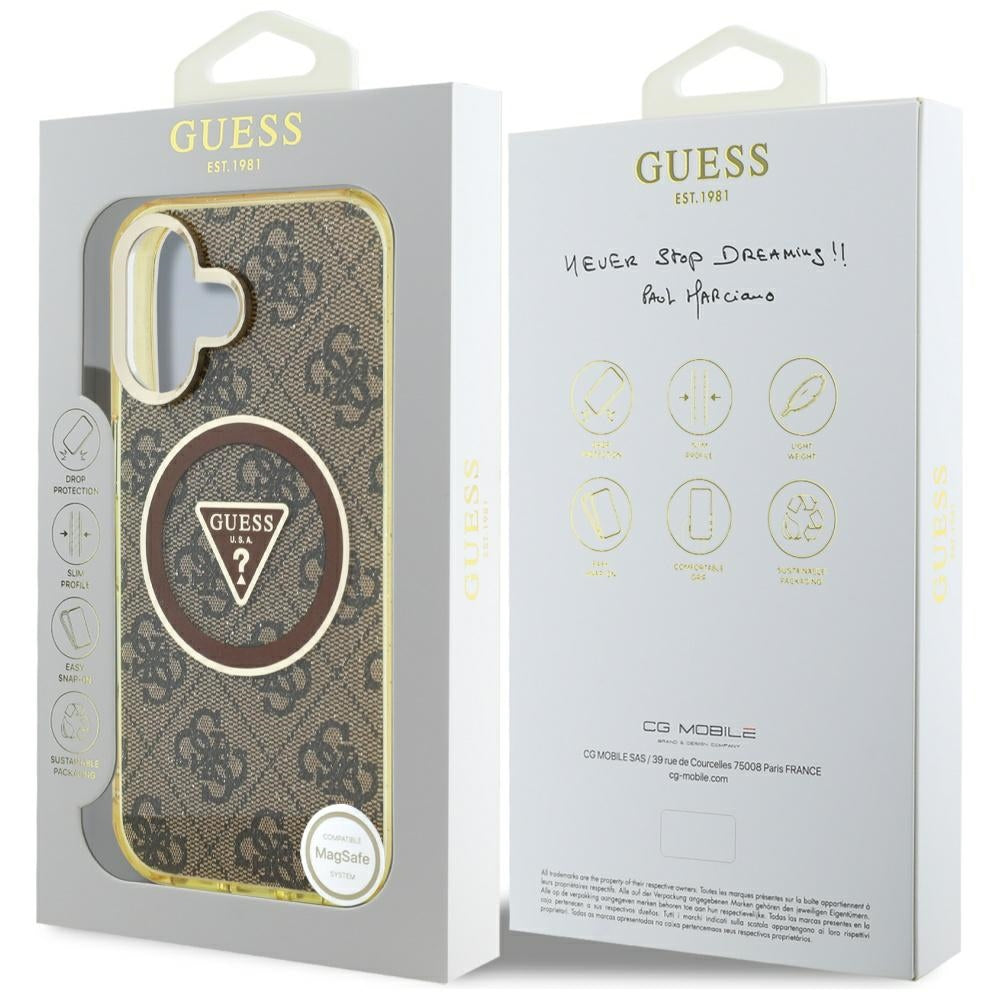Guess blizgus MagSafe dėklas iPhone 16 – rudas