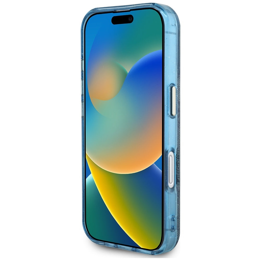 Guess MagSafe dėklas iPhone 16 – mėlynas (4G Glitter)
