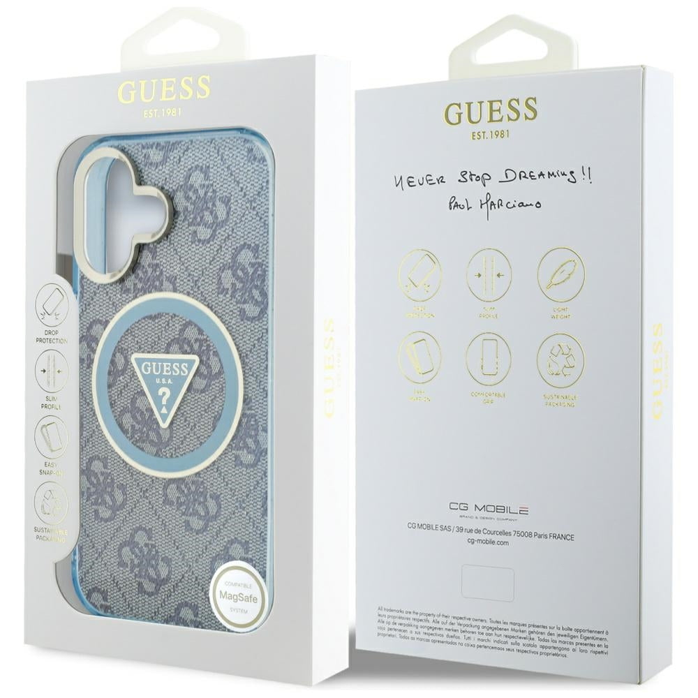 Guess MagSafe dėklas iPhone 16 – mėlynas (4G Glitter)