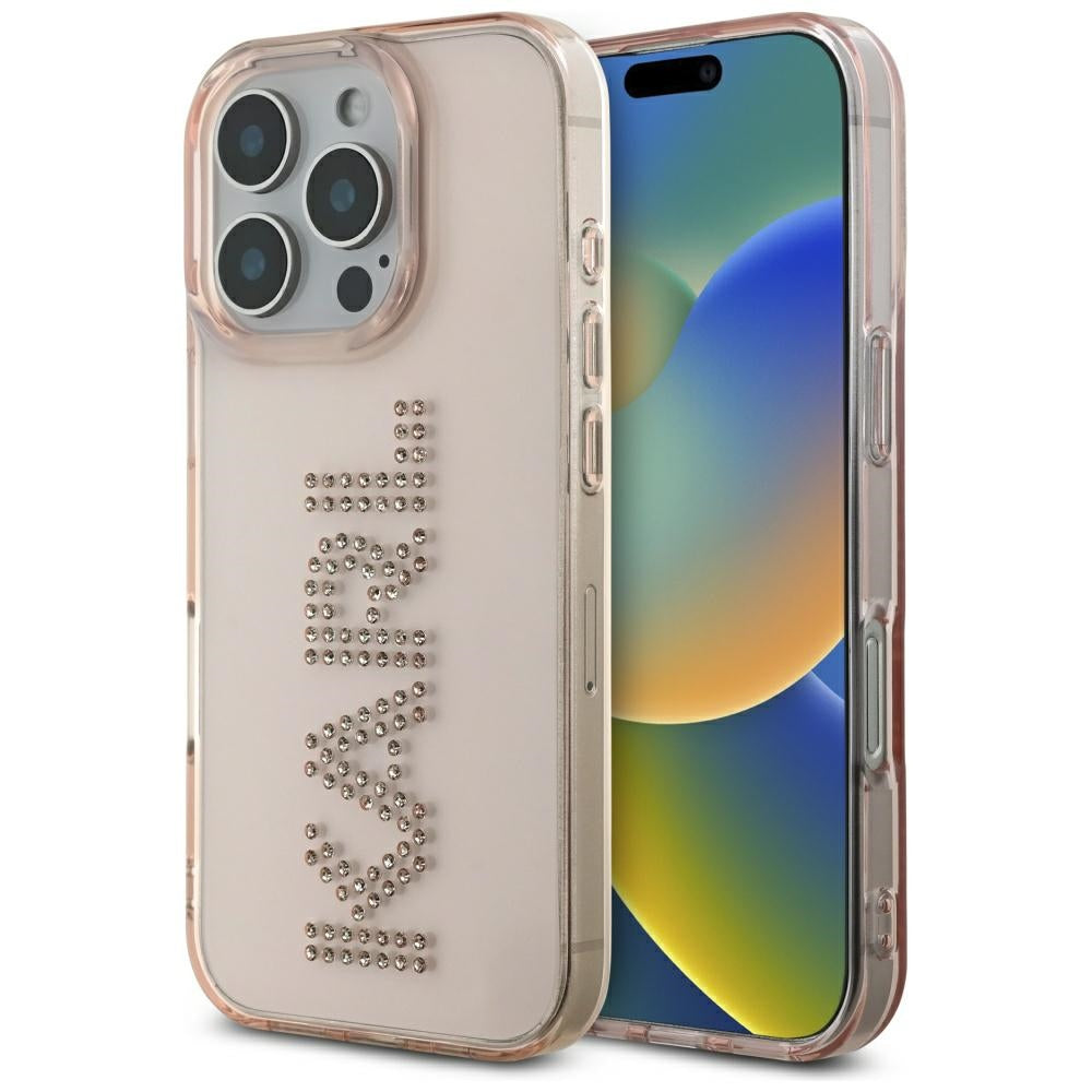 Karl Lagerfeld dėklas iPhone 16 Pro – rožinis, su kristalais