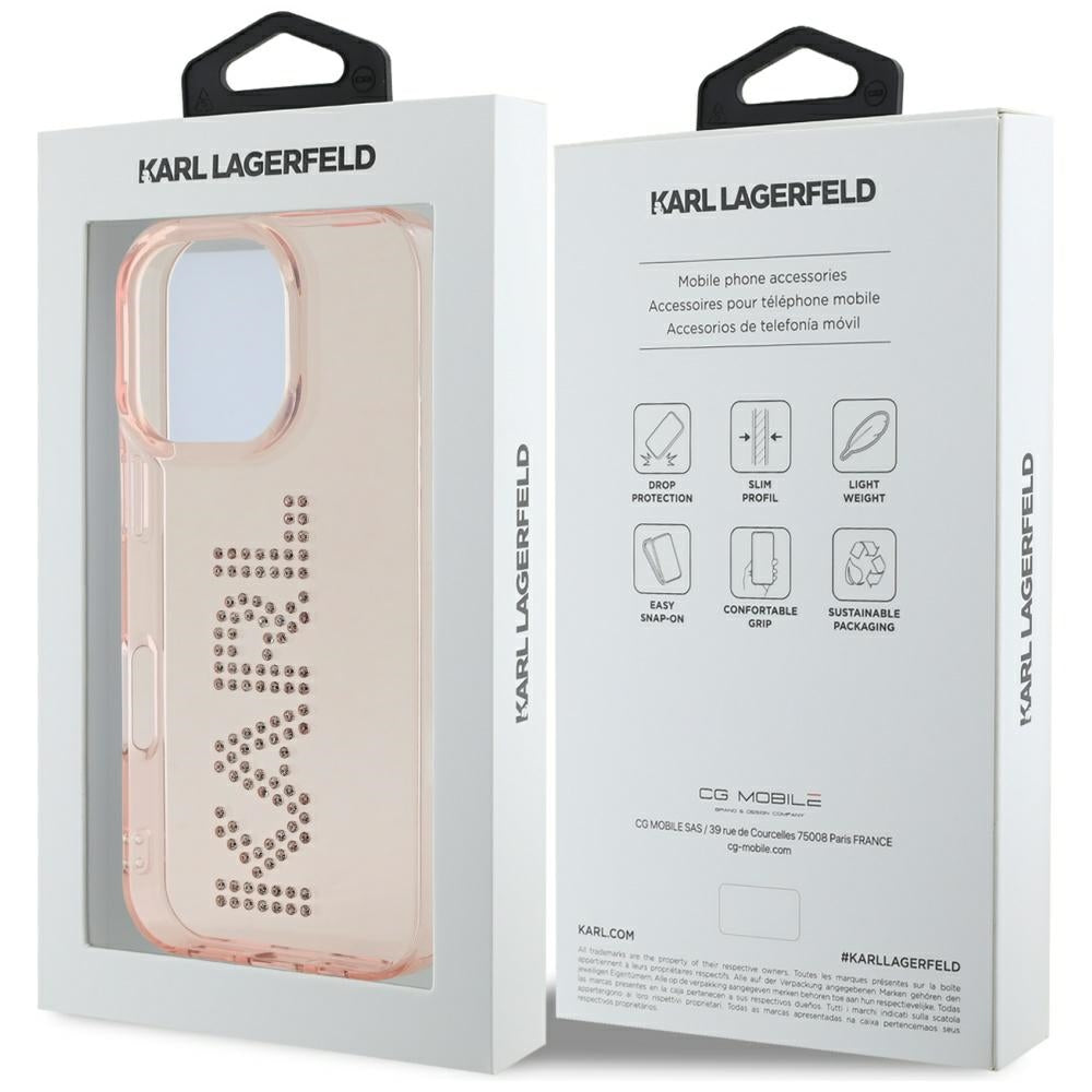 Karl Lagerfeld dėklas iPhone 16 Pro – rožinis, su kristalais
