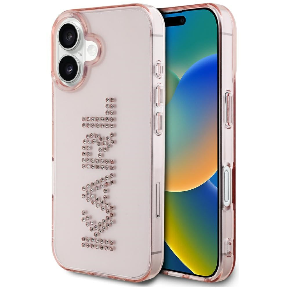 Karl Lagerfeld dėklas iPhone 16 – rožinis su kristalais