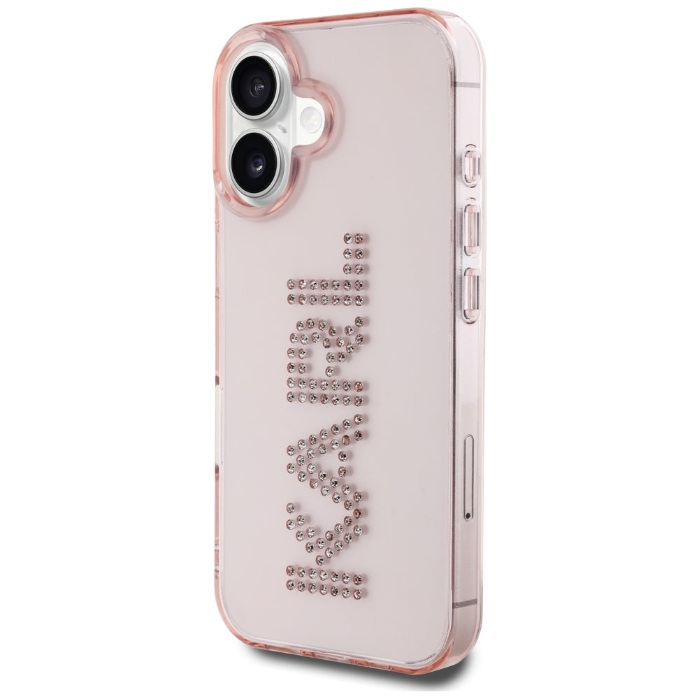 Karl Lagerfeld dėklas iPhone 16 – rožinis su kristalais