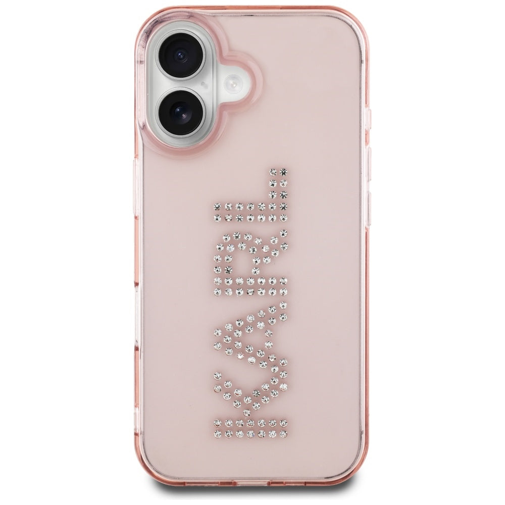 Karl Lagerfeld dėklas iPhone 16 – rožinis su kristalais