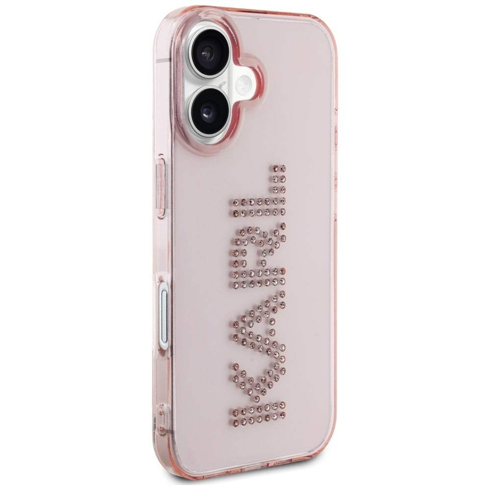 Karl Lagerfeld dėklas iPhone 16 – rožinis su kristalais