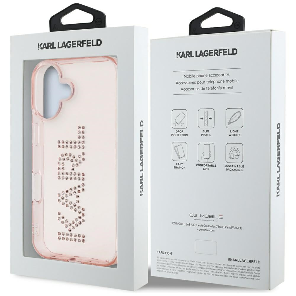 Karl Lagerfeld dėklas iPhone 16 – rožinis su kristalais