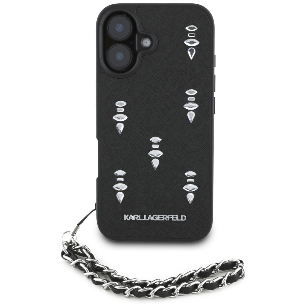 Karl Lagerfeld Saffiano Crystals dėklas iPhone 16 – juodas
