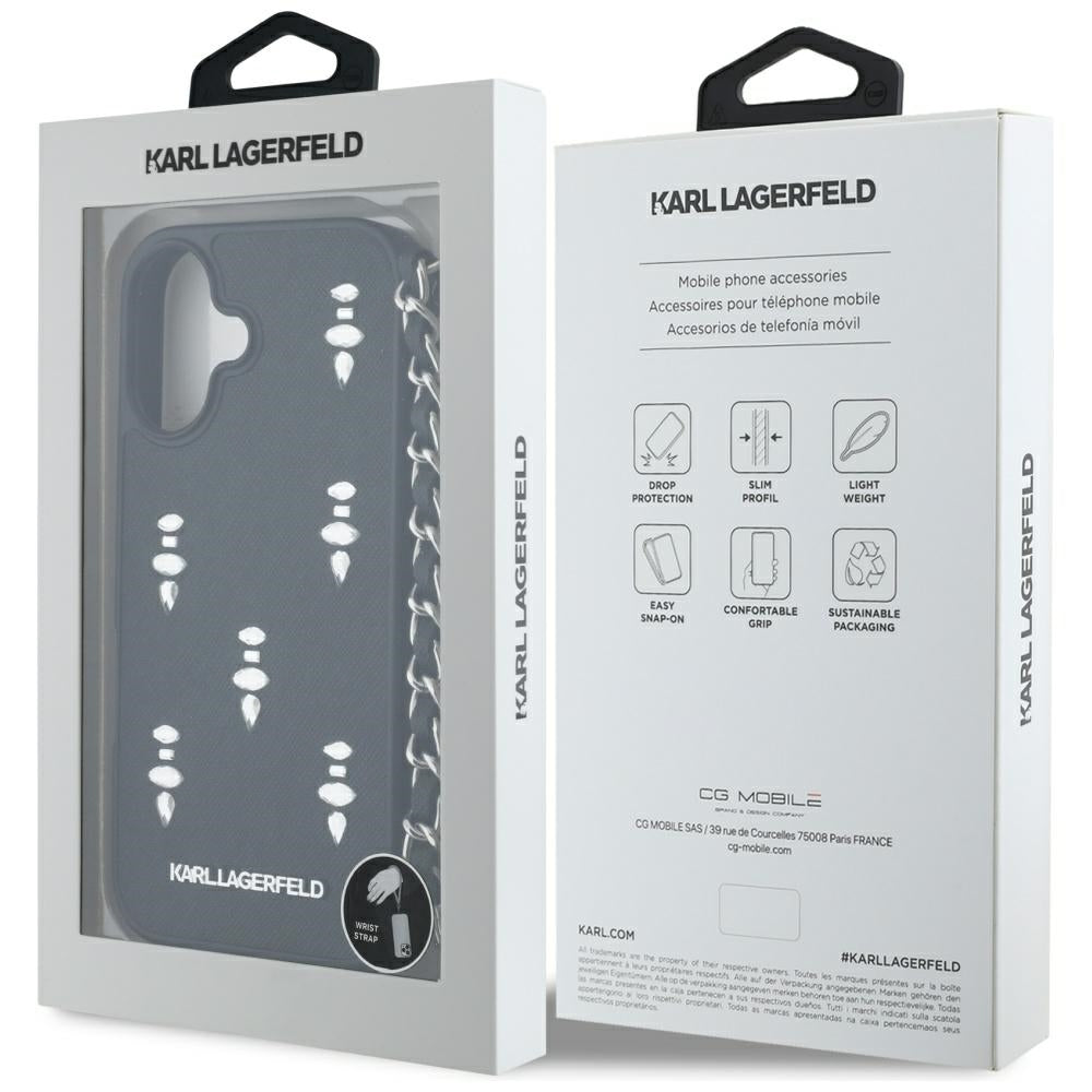 Karl Lagerfeld Saffiano Crystals dėklas iPhone 16 – juodas