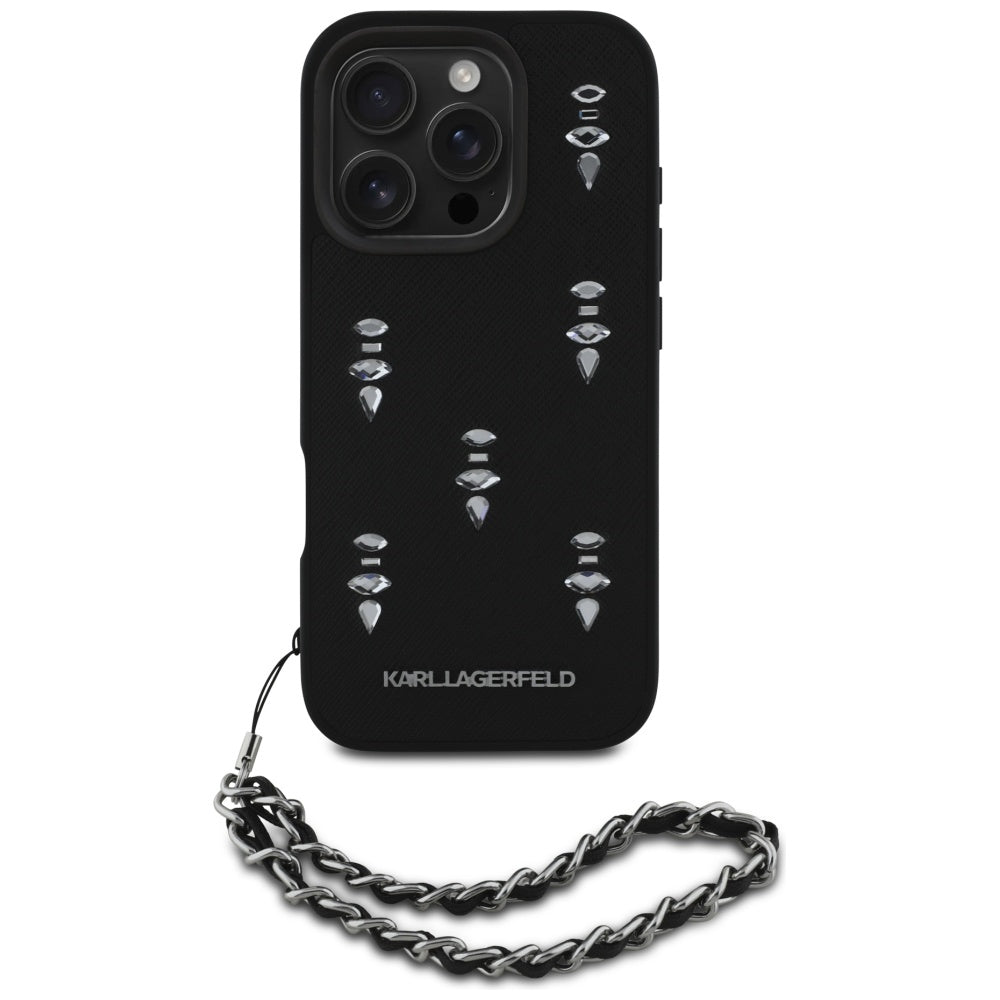 Karl Lagerfeld dėklas iPhone 16 Pro – juodas su grandinėle