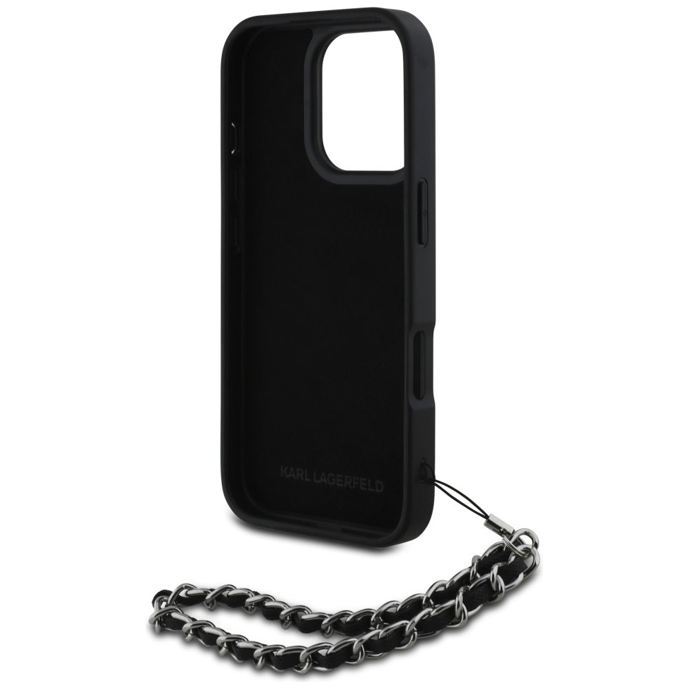 Karl Lagerfeld dėklas iPhone 16 Pro – juodas su grandinėle