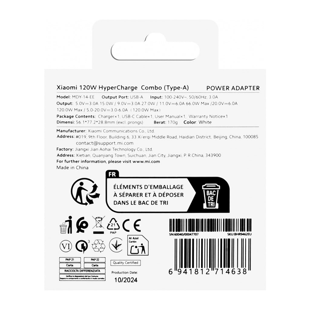 Xiaomi BHR9462EU 120W 6A USB-A sieninis įkroviklis su USB-C laidu - baltas