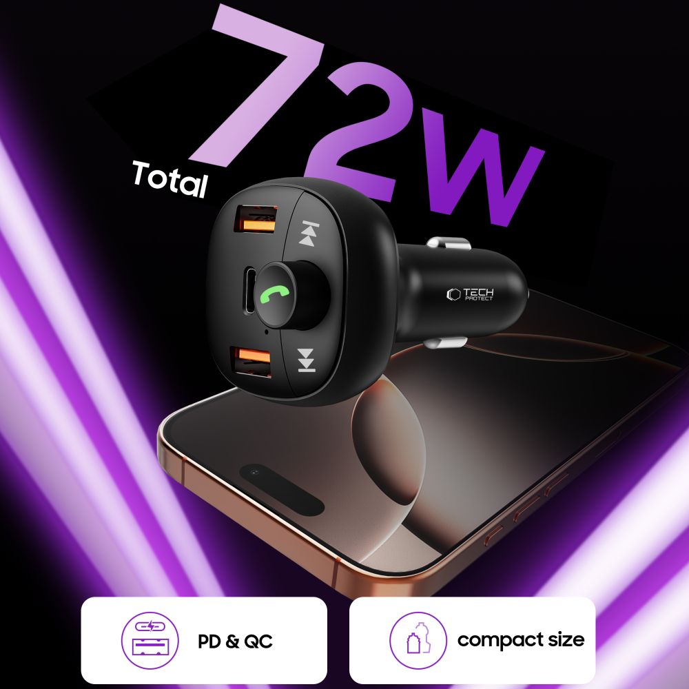 Tech-Protect CC06 3 jungčių PD72W automobilinis įkroviklis su siųstuvu - juodas -- Cell phone chargers