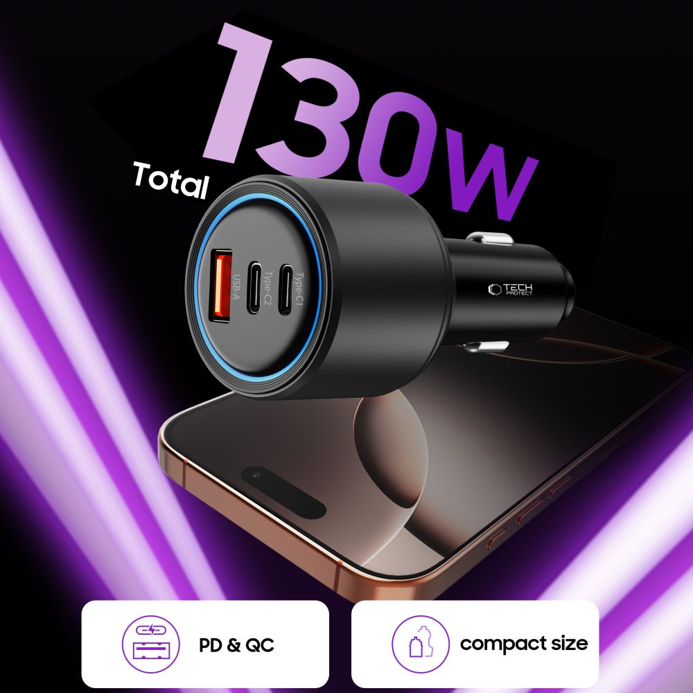 CC04 3 jungčių PD130W automobilinis įkroviklis - juodas -- Cell phone chargers