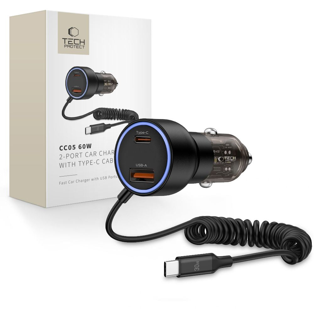 CC05 2 jungčių PD60W automobilinis įkroviklis + USB-C laidas - juodas -- Cell phone chargers