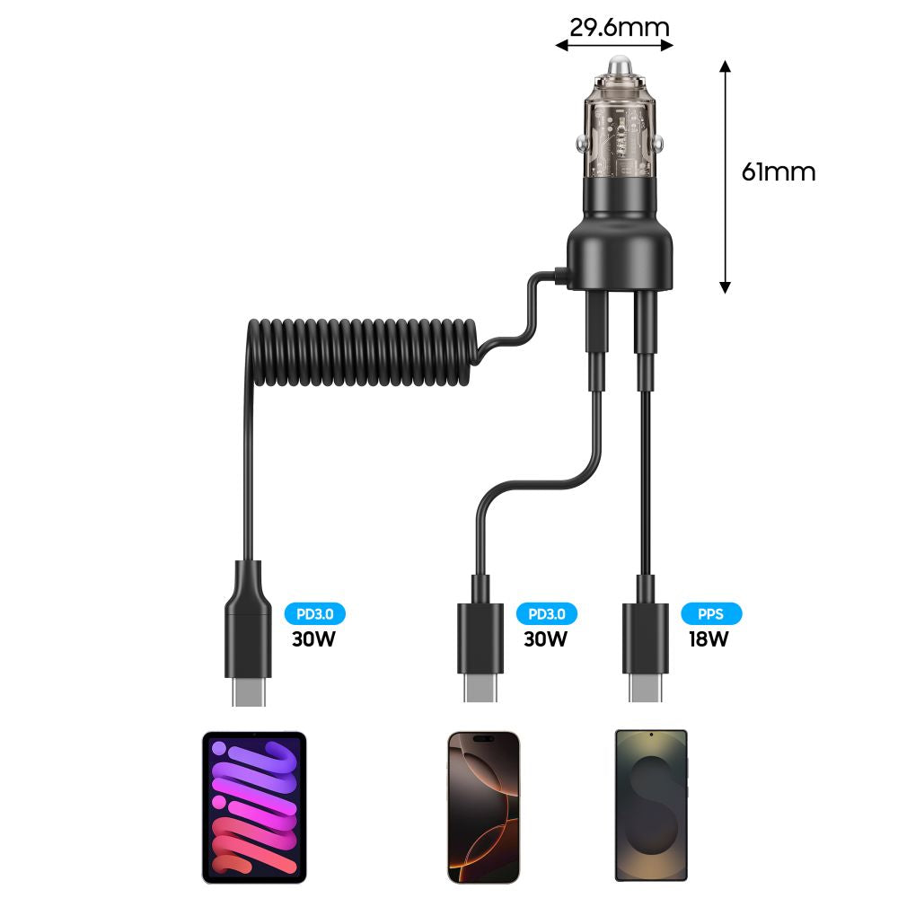 CC05 2 jungčių PD60W automobilinis įkroviklis + USB-C laidas - juodas -- Cell phone chargers