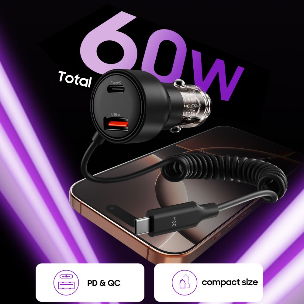CC05 2 jungčių PD60W automobilinis įkroviklis + USB-C laidas - juodas -- Cell phone chargers
