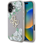 Guess Grained Roses Big 4G Logo iPhone 16 dėklas - violetinis