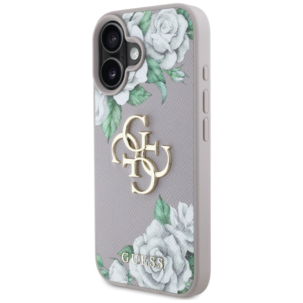 Guess Grained Roses Big 4G Logo iPhone 16 dėklas - violetinis