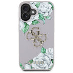 Guess Grained Roses Big 4G Logo iPhone 16 dėklas - violetinis