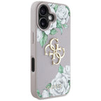 Guess Grained Roses Big 4G Logo iPhone 16 dėklas - violetinis