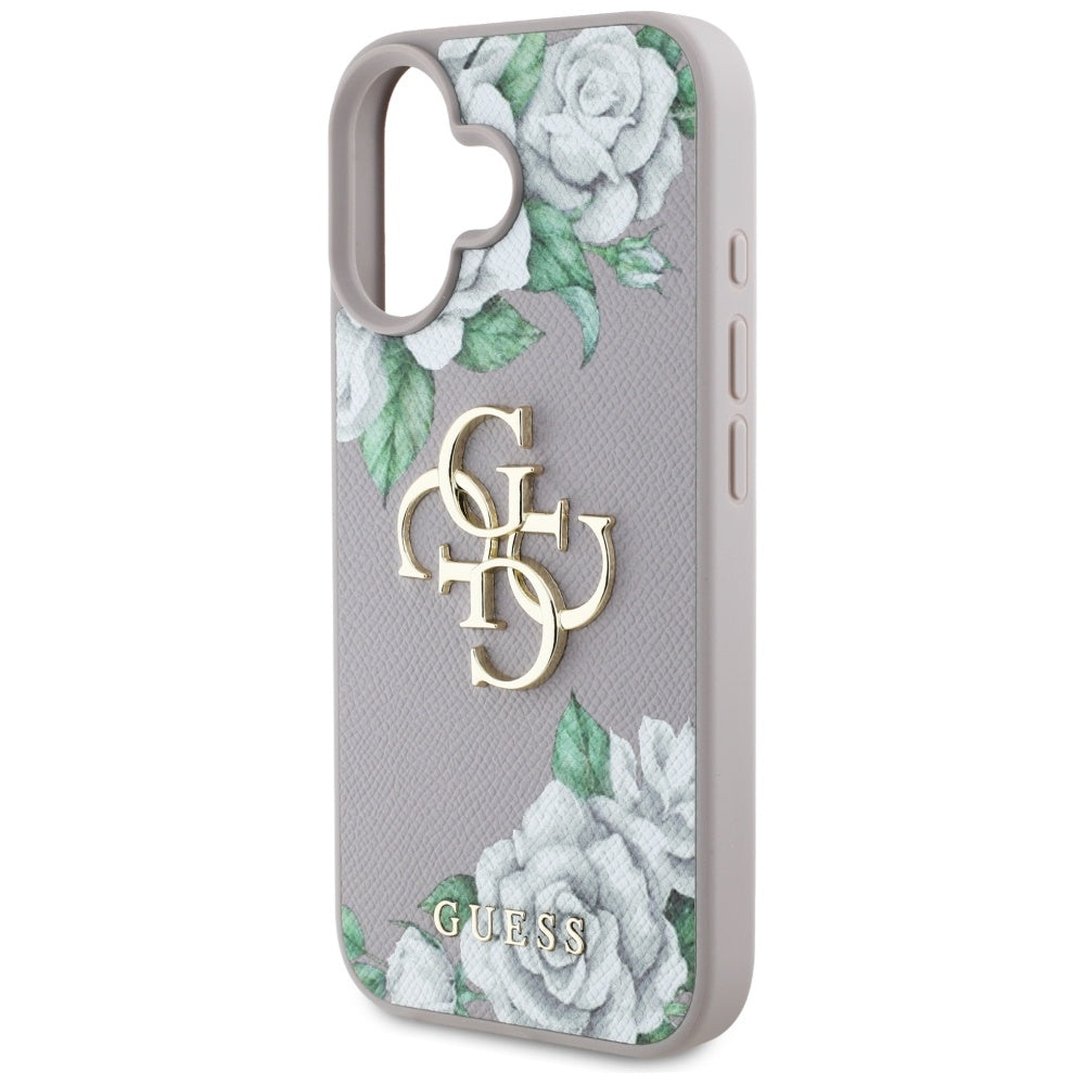 Guess Grained Roses Big 4G Logo iPhone 16 dėklas - violetinis