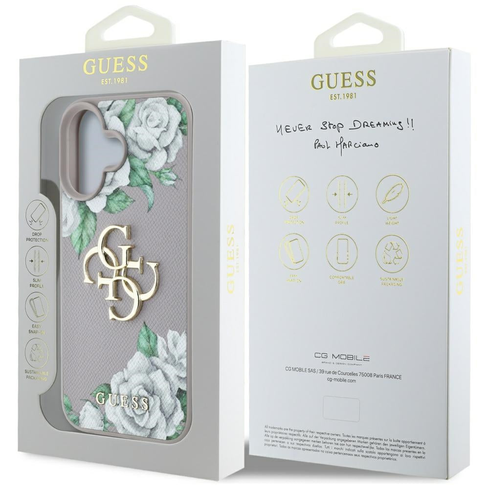Guess Grained Roses Big 4G Logo iPhone 16 dėklas - violetinis