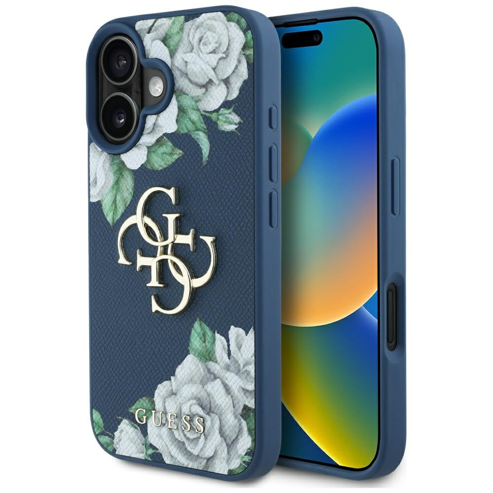 Guess Grained Roses 4G dėklas iPhone 16 – mėlynas