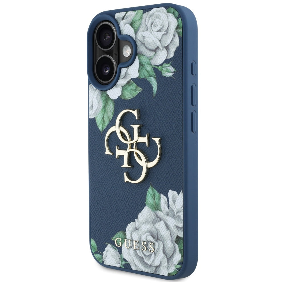 Guess Grained Roses 4G dėklas iPhone 16 – mėlynas