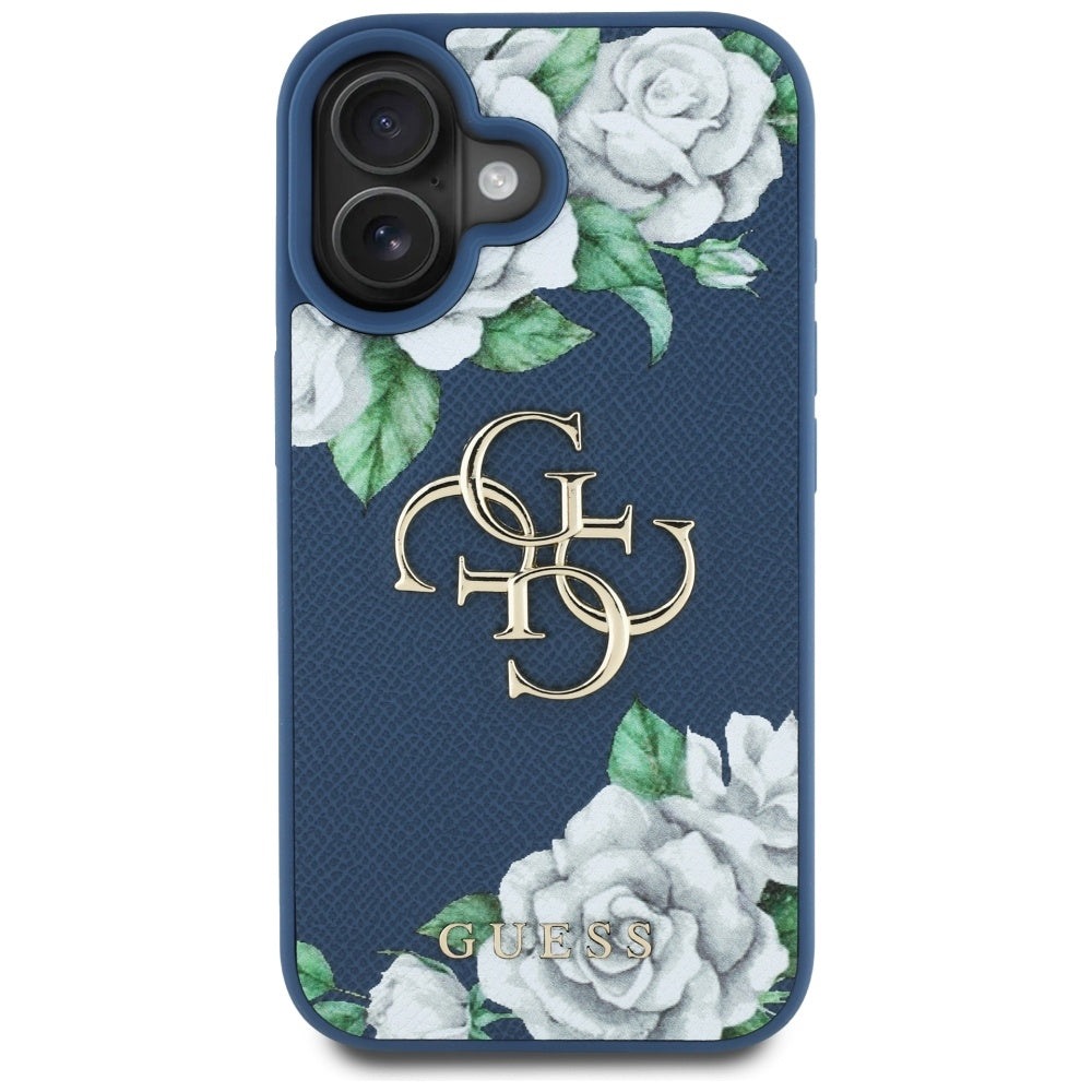 Guess Grained Roses 4G dėklas iPhone 16 – mėlynas